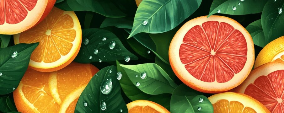 Fresh citrus fruits are surrounded by green leaves with water droplets
