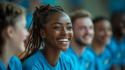 Obraz premium positive athlete group laughing on court
