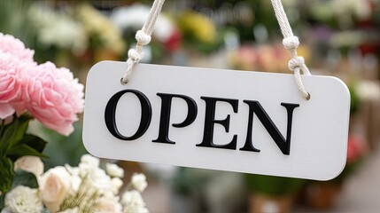 Open sign hangs on a flower shop door, inviting customers into a colorful display of fresh flowers and greenery