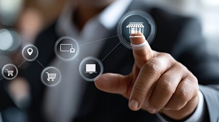 Businessman uses mobile technology to connect local shops through a virtual shopping interface in a modern workspace.