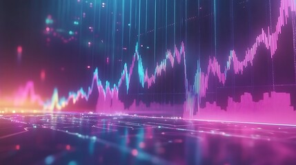 Neon colored stock analytics interface with price bars digital performance visualization economic forecasting futuristic concept