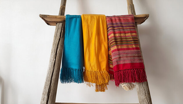 Indian fashion and textiles - An arrangement of handwoven cotton dupattas in vibrant colors displayed on an old-style wooden ladder against a white wall