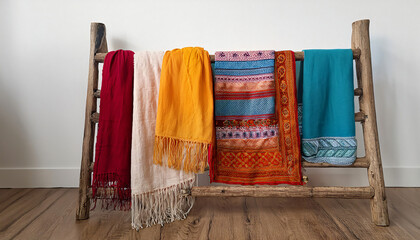 Indian fashion and textiles - An arrangement of handwoven cotton dupattas in vibrant colors displayed on an old-style wooden ladder against a white wall