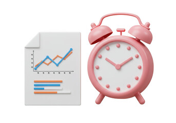 A pink alarm clock beside a document with a graph and bar chart isolated on transparent background
