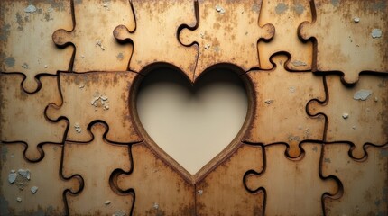 A partially assembled puzzle with worn, wooden pieces and a soft, golden glow emanating from the edges, rests on a creamy, aged paper background, with the missing piece, a delicate, crimson heart