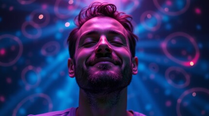 High-resolution stock photo of a serene male figure in his mid-30s with an introspective expression, eyes closed, and a subtle upwards tilt to his head, conveying a state of deep contemplation