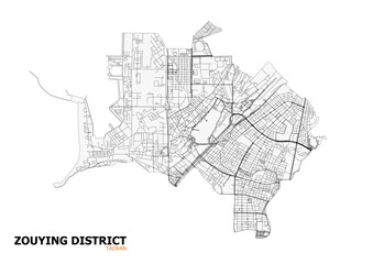 Vector highway map of Zuoying District, Kaohsiung, Taiwan. Shows main roads and expressways. Ideal for transport planning, GIS projects, and infographic use. Fully editable and scalable