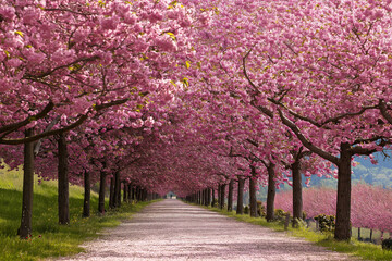 Naklejka premium breathtaking depiction of a pathway lined with cherry blossom trees in full bloom.