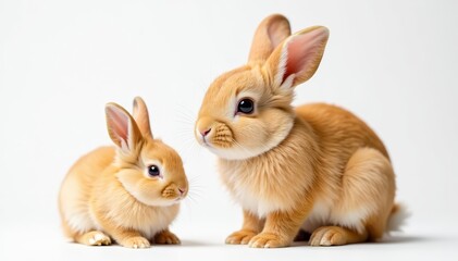 Obraz premium Soft orange rabbit with fluffy fur sitting next to tiny orange baby bunny on white background, cute, rabbit, fluffy