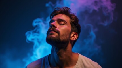 High-resolution stock photo of a serene male figure in his mid-30s with an introspective expression, eyes closed, and a subtle upwards tilt to his head, conveying a state of deep contemplation