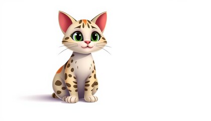 Fototapeta premium Spotted tabby cat cartoon, sitting, white background, illustration, kitty