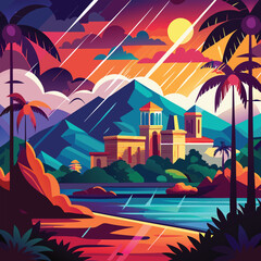 Obraz premium Tropical island landscape vector illustration with castle palms mountain and rain
