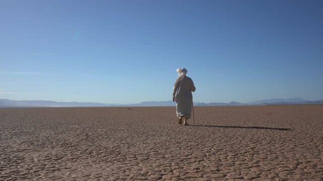 A Bible prophet or holy man walking in a desolate desert wilderness