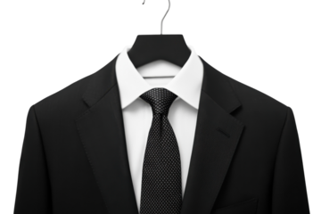 Elegant black suit with crisp white shirt and tie hanging ready for a special occasion Monochrome