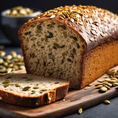 In the photograph, you can see a crunchy whole-grain bread, rich with a variety of seeds enticingly emerging from its interior. Its appetizing appearance promises a delicious and healthy meal .