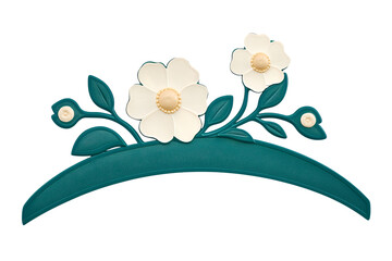 Teal green curved element adorned with three white flowers and leaves, creating a floral design with a transparent background. Ideal for design elements, invitations, or website decoration.