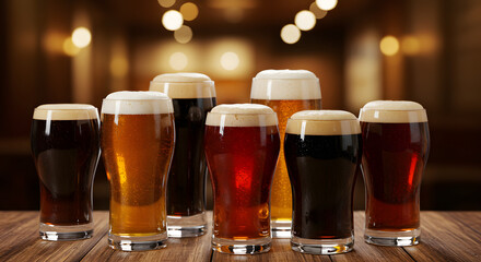 Assortment of craft beers in different glasses, showcasing a variety of colors and textures.