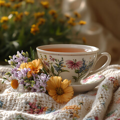 tea cup and flowers on cozy blanket