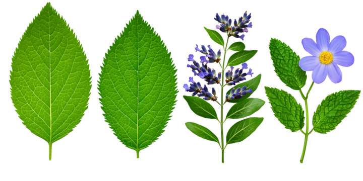 Two green leaves, a sprig of purple flowers, and a single purple flower with a yellow center are arranged against a black background. The images are highly detailed and appear digitally rendered.
