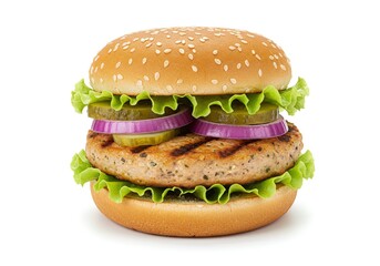 Delicious burger with chicken patty, lettuce, onion, and pickle isolated on white background