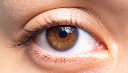 Obraz premium Close-up shot of a brown eye with detailed iris and eyelashes showing fine texture and reflection. The surrounding skin is visible with subtle makeup details and a soft glow.