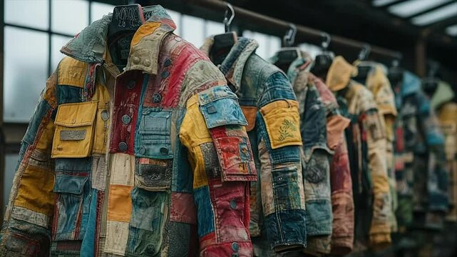 Patchwork jackets, various colors and textures, hanging in a row