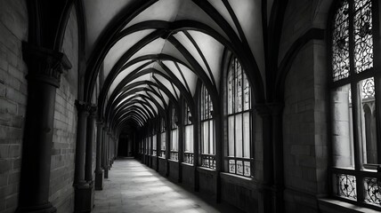 The dark gothic corridors with high vaulted ceilings and large ornate windows create a mysterious and majestic atmosphere.
