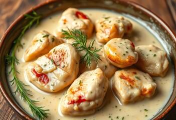 Tender chicken pieces bathed in a creamy dill sauce, healthy, food presentation