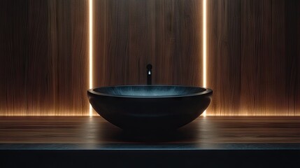 Modern dark bathroom sink, illuminated by warm lights.