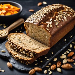 In the photograph, you can see a crunchy whole-grain bread, rich with a variety of seeds enticingly emerging from its interior. Its appetizing appearance promises a delicious and healthy meal .