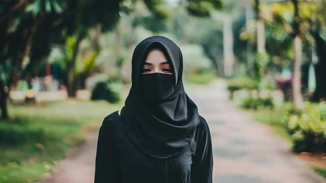 Portrait of a young adult Muslim woman wearing a black hijab and niqab standing in a lush green park with a blurred background of trees