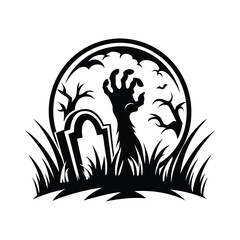 Obraz premium Silhouette Zombie Hand Rising from Grave, Tombstone, Grass, Trees in Moonlight Circle