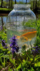 River fish in a balloon on the shore of a pond