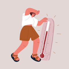 Vector illustration of a woman melting in summer heat, holding a thermometer like a white flag of surrender