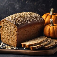 In the photograph, you can see a crunchy whole-grain bread, rich with a variety of seeds enticingly emerging from its interior. Its appetizing appearance promises a delicious and healthy meal .
