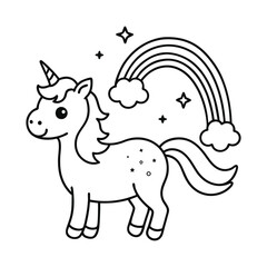 Kawaii Unicorn Coloring Page – Cute Rainbow Clouds & Magical Line Art