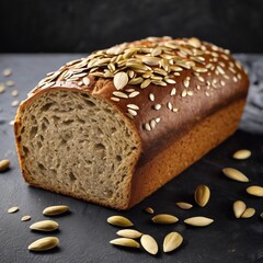 In the photograph, you can see a crunchy whole-grain bread, rich with a variety of seeds enticingly emerging from its interior. Its appetizing appearance promises a delicious and healthy meal .