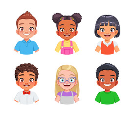 Cute cartoon children faces of different ethnicities boys and girls. Vector illustration collection.