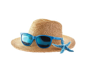 A cute summer hat with blue sunglasses and a starfish on Png Format and Transparent Background