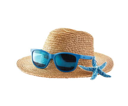 A cute summer hat with blue sunglasses and a starfish on Png Format and Transparent Background - Powered by Adobe