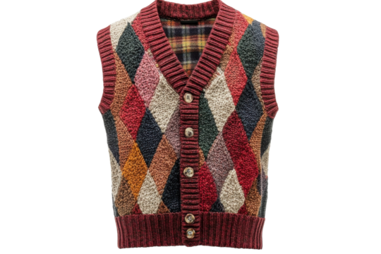 Colorful Argyle Knit Vest Autumnal Hues Warm Texture Classic Style Buttoned Detail