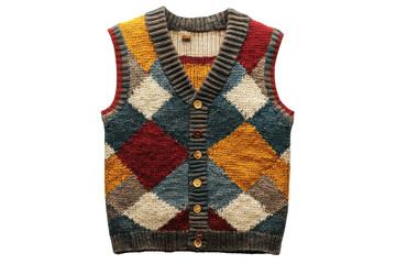 Hand knitted Argyle Vest Warm Autumn Hues Colorful Patchwork Design Button Closure