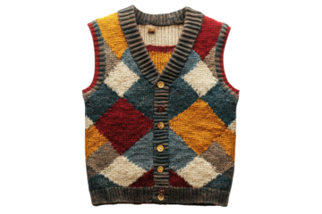 Hand knitted Argyle Vest Warm Autumn Hues Colorful Patchwork Design Button Closure