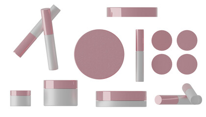 Minimal pink cosmetic set flat lay on white background with modern skincare packaging