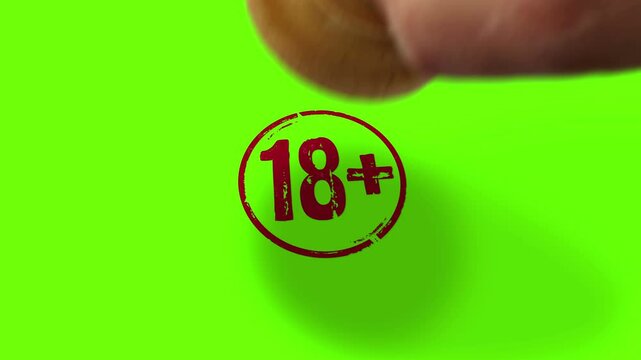 18 plus adults only age prohibition stamp and hand stamping impact isolated animation. Under eighteen restricted 3D concept. Alpha matte channel.