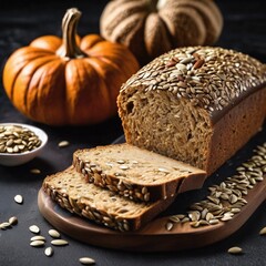 In the photograph, you can see a crunchy whole-grain bread, rich with a variety of seeds enticingly emerging from its interior. Its appetizing appearance promises a delicious and healthy meal .