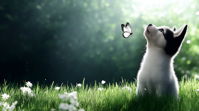 curious siberian husky puppy chasing butterfly in field