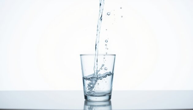 Clear water is being poured into a transparent glass on a reflective surface with a white background.