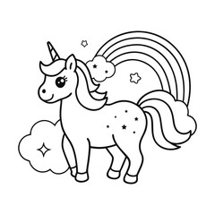 Kawaii Chibi Unicorn – Rainbow Background, Sparkles & Whimsical Line Art