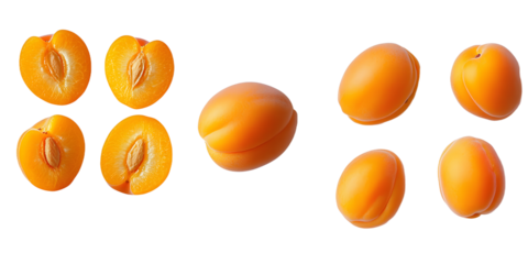 Generative ai is used to depict isolated apricot halves on a transparent background